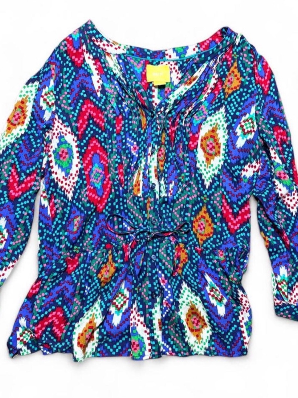 Anthropologie Maeve Topoxte Tunic Blouse Ikat Print Top Tie Waist Peplum